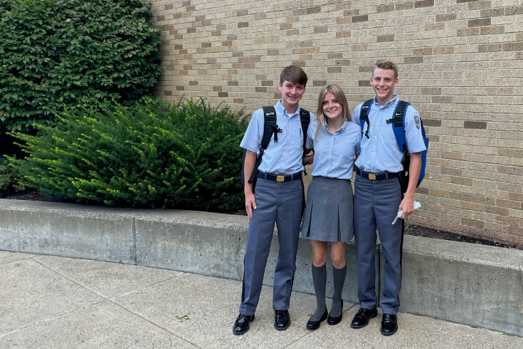 Students in front of the school